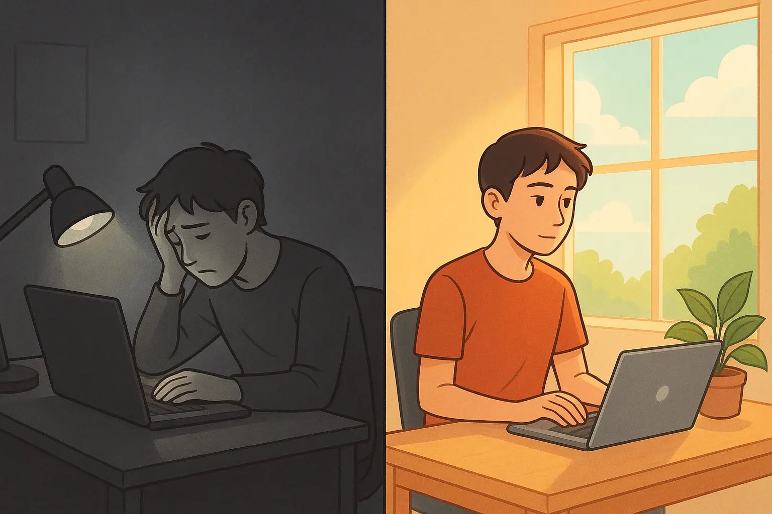 Before and after comparison showing a person working efficiently in natural sunlight versus struggling in artificial dim lighting