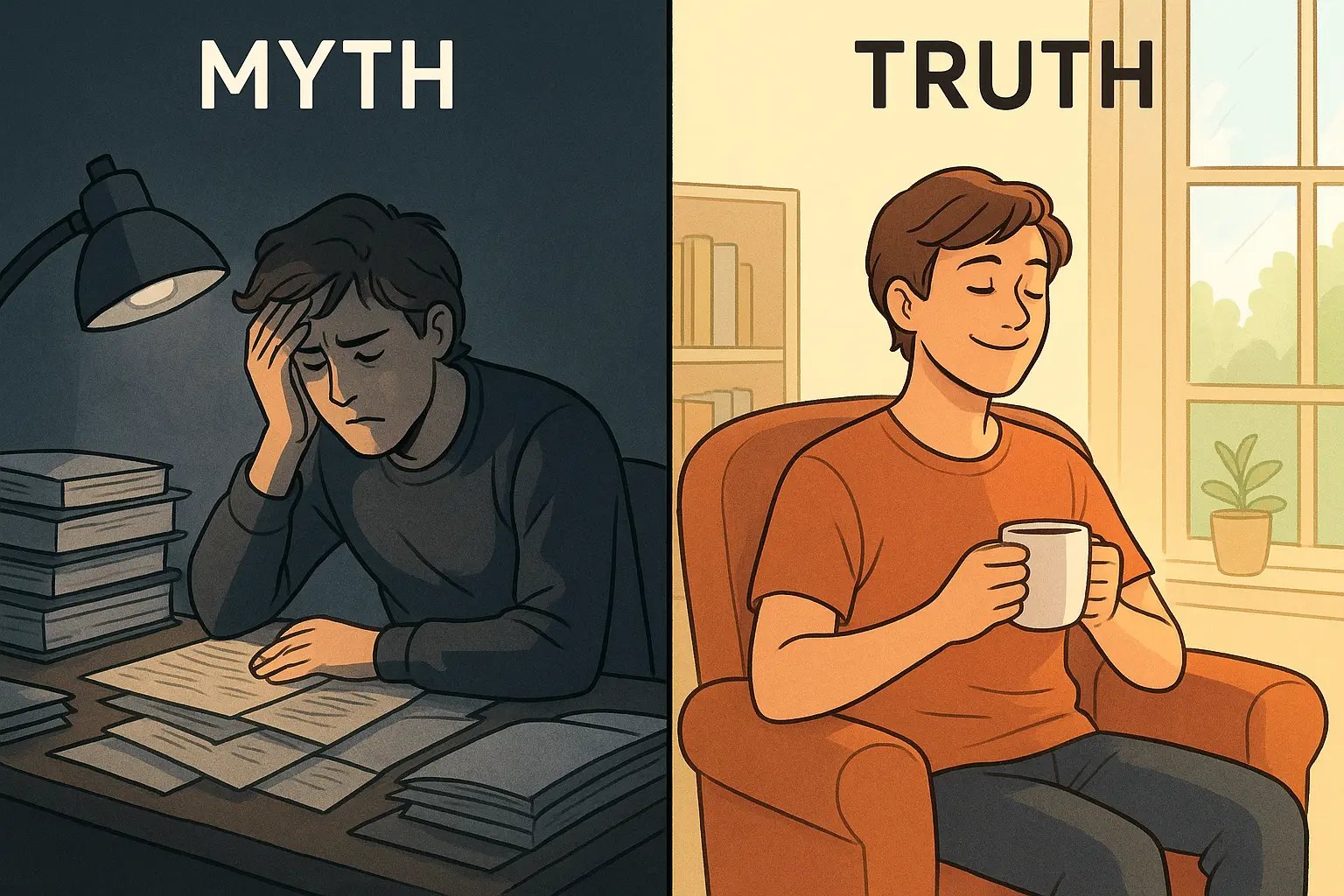 Split illustration showing stressed student studying at night versus calm student taking a peaceful break by a window