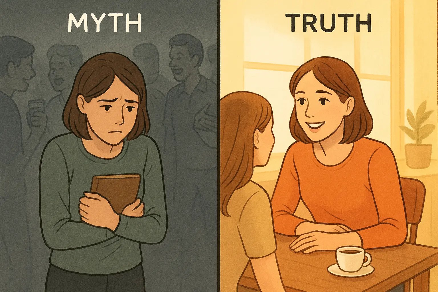 Woman feeling overwhelmed at crowded party versus calmly enjoying coffee with a friend, illustrating social anxiety versus comfort.