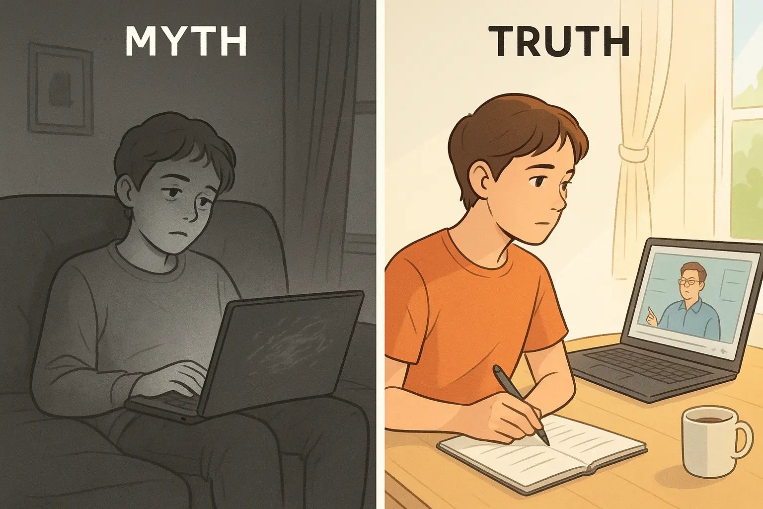 Student paused video lecture, taking focused notes at bright desk with morning light streaming through window