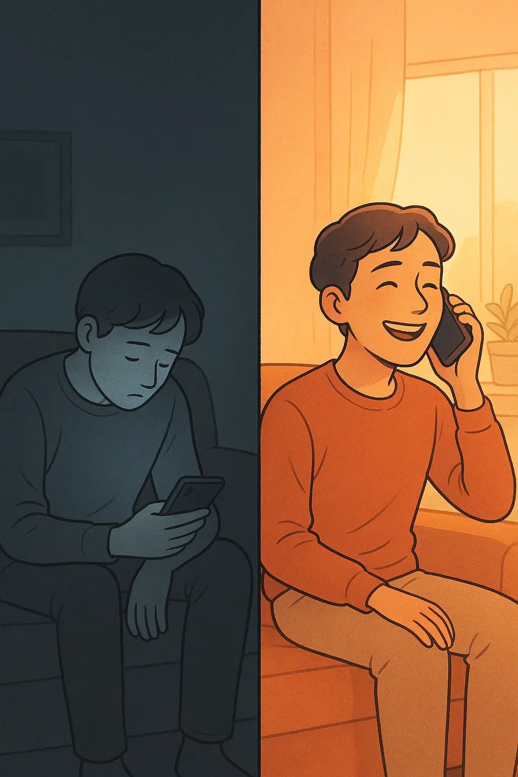 Side-by-side illustration contrasting dull, isolated phone scrolling with warm, joyful conversation showing the power of real connection