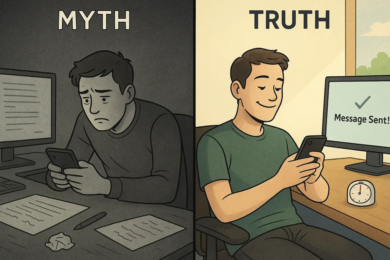 Side-by-side illustration showing stressed man guiltily scrolling phone versus same man calmly enjoying timed break after task completion