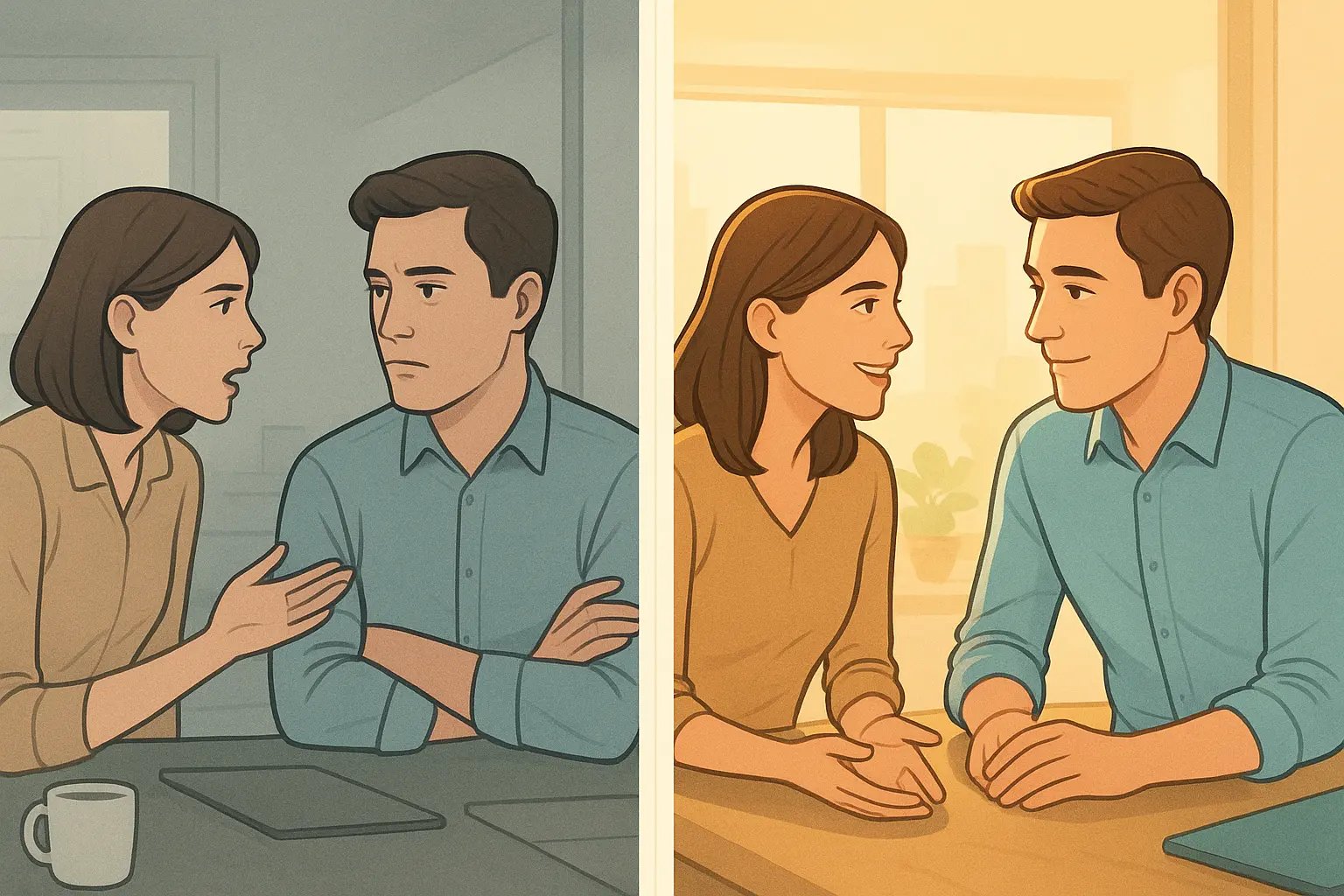 Side-by-side comparison showing distracted listening versus engaged active listening in a workplace setting