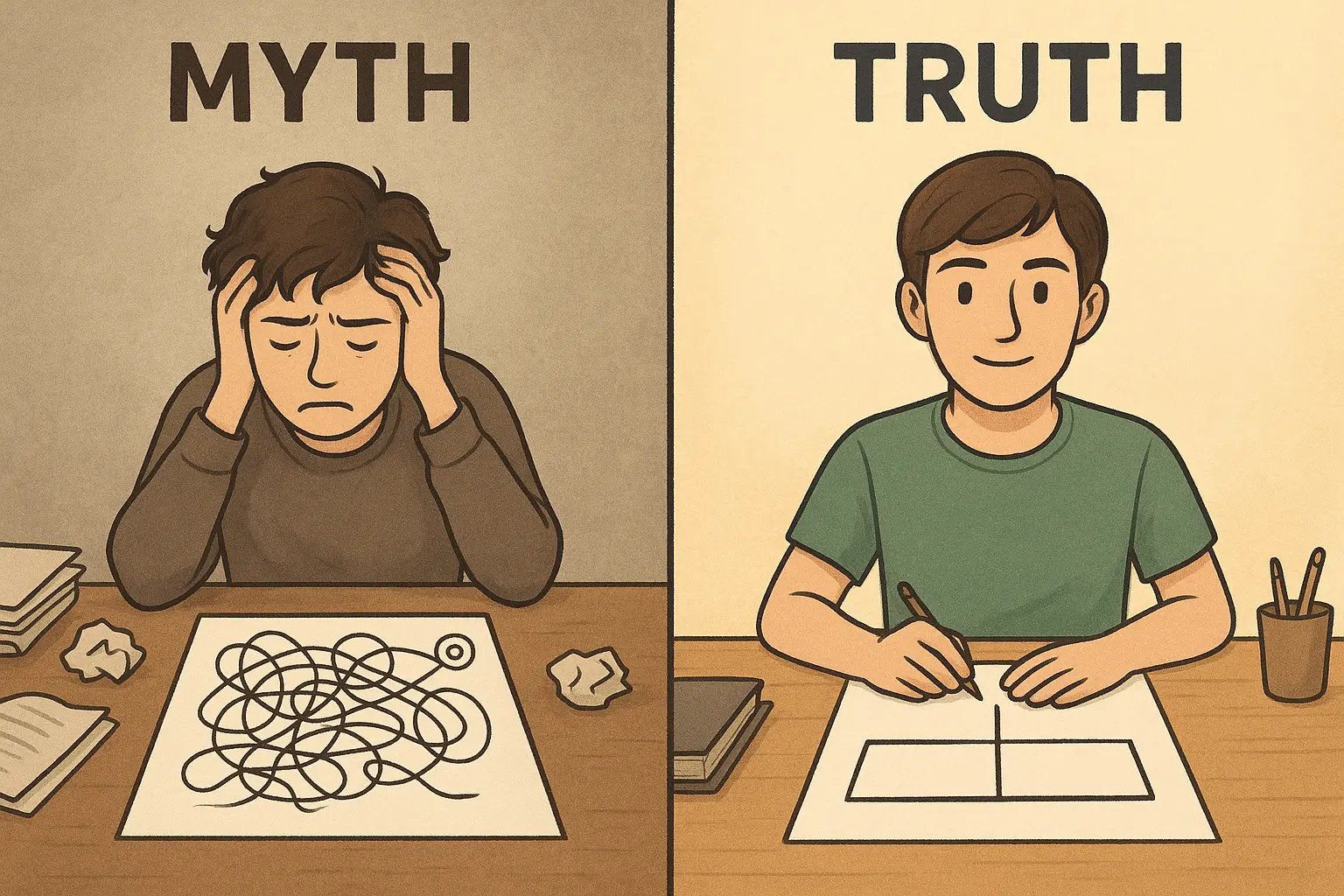 Split illustration showing a stressed student with a tangled essay path versus a calm student with a clear, straight path to a target.