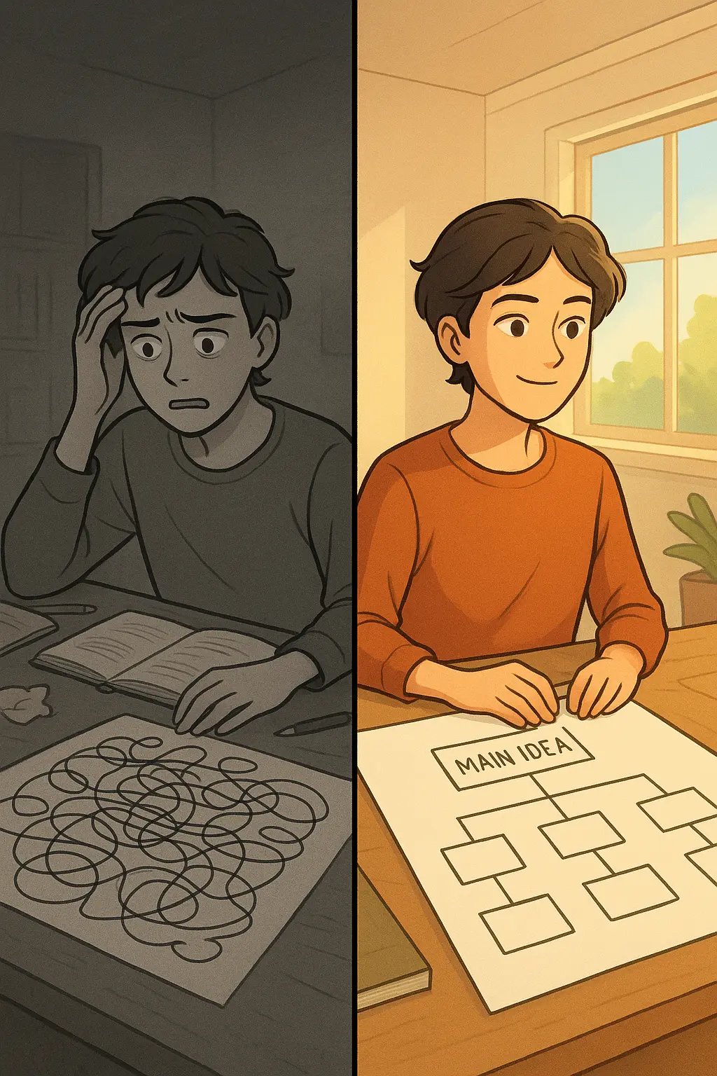 A student sits at a desk comparing a chaotic mind map on the left with a clear, organised concept map on the right.