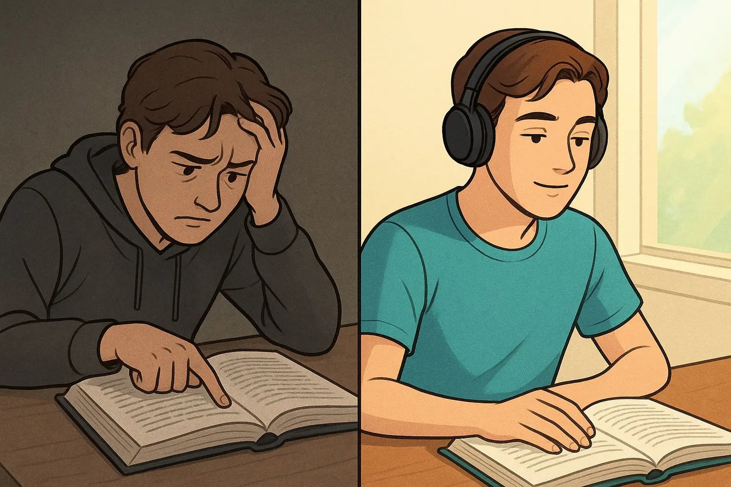 Side-by-side comparison showing stressed student reading word-by-word versus calm student with headphones reading efficiently