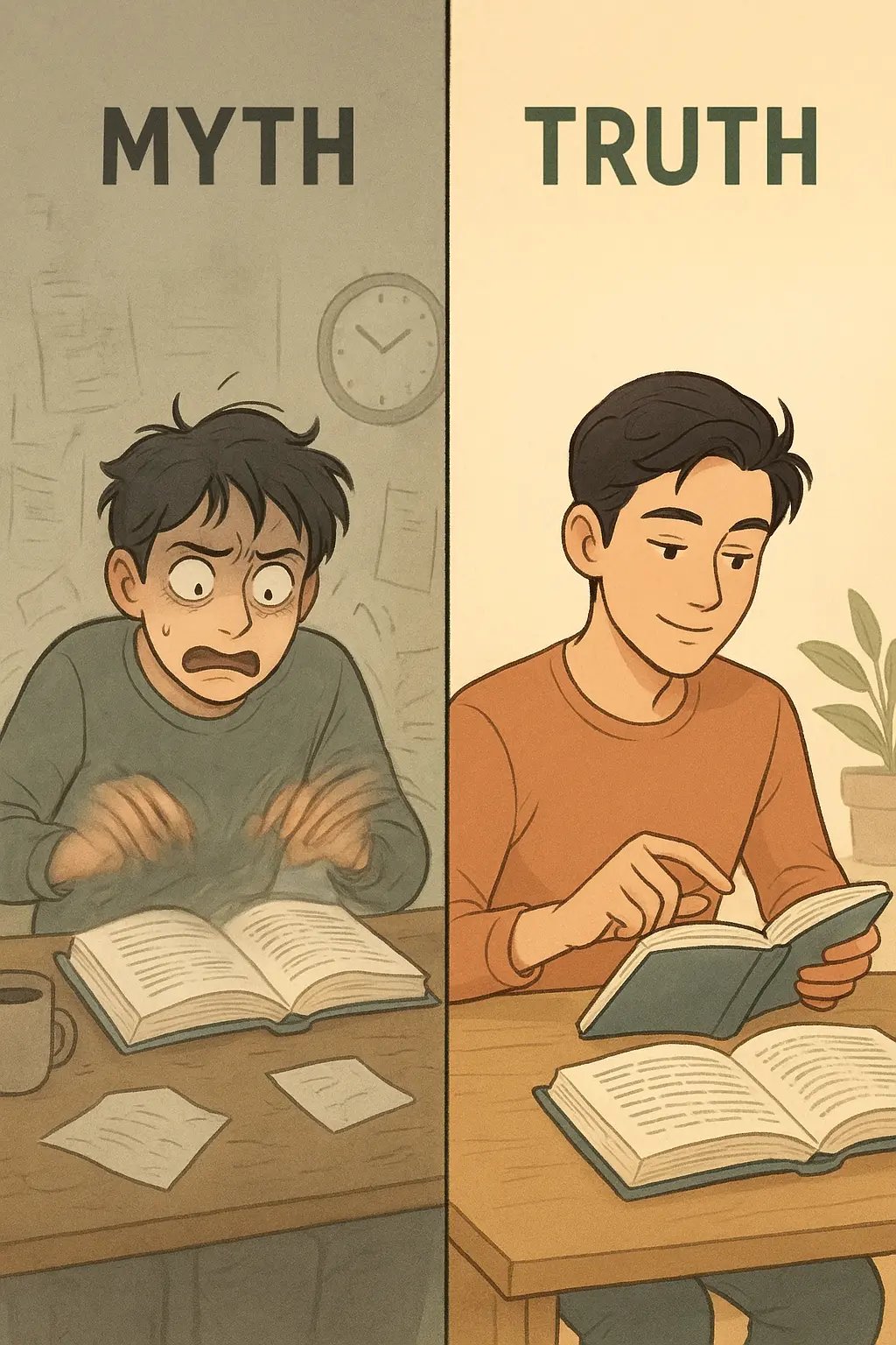 Comparison showing stressed student reading at one frantic speed versus calm student adjusting reading pace to match material difficulty