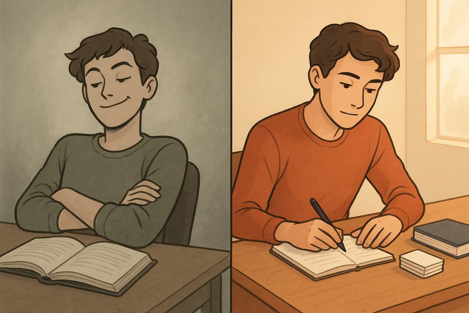 Side-by-side comparison showing a student falsely confident from rereading versus actively self-testing with notebook and flashcards for true understanding