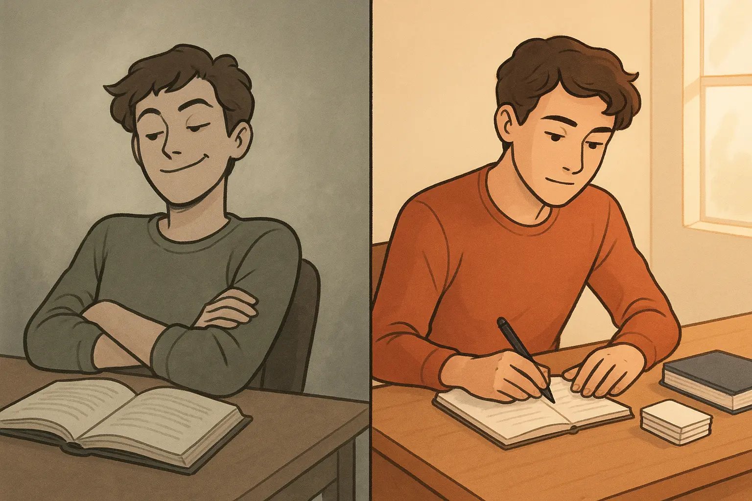 Side-by-side comparison showing a student falsely confident from rereading versus actively self-testing with notebook and flashcards for true understanding