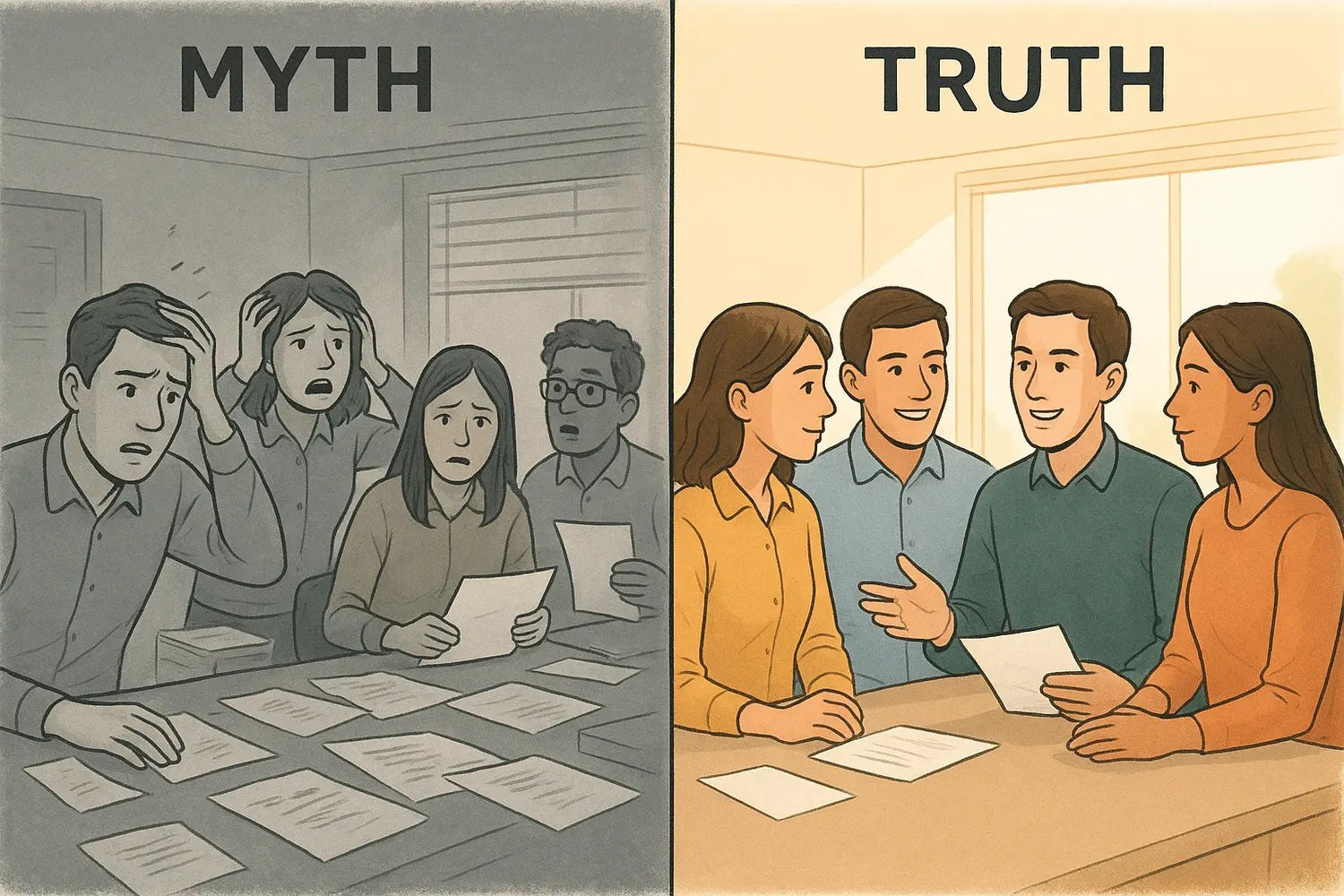 Split scene showing a chaotic, stressed team in monochrome versus a calm, focused team in a pre-work huddle in vibrant colour.