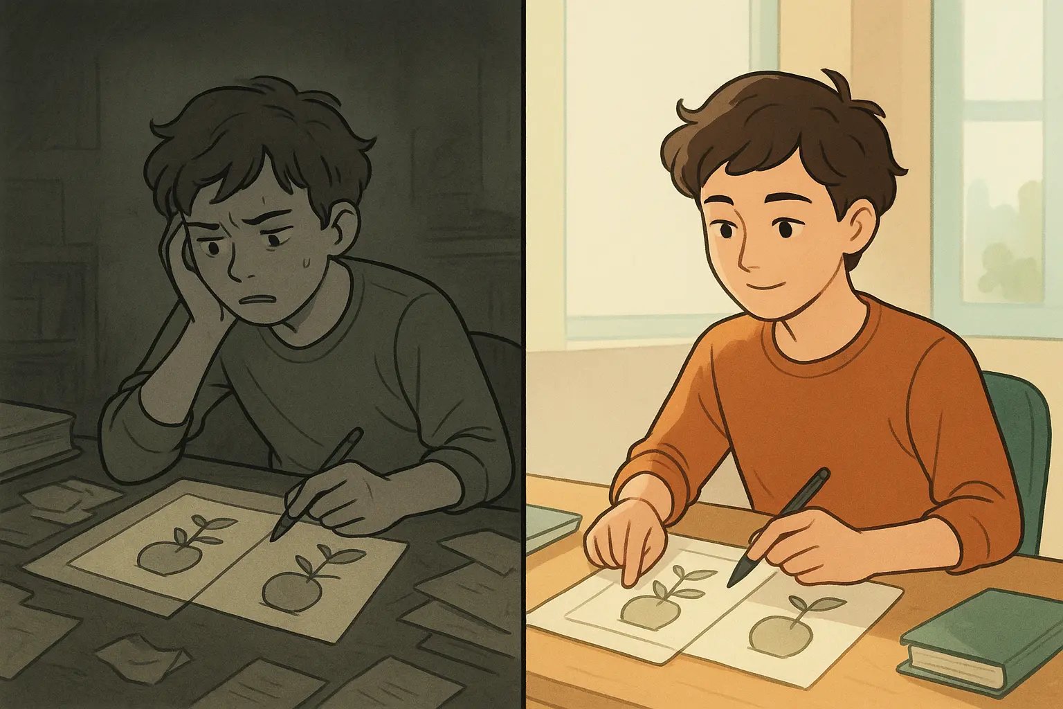 Student comparing two images methodically at a bright, organised desk, demonstrating focused observation skills