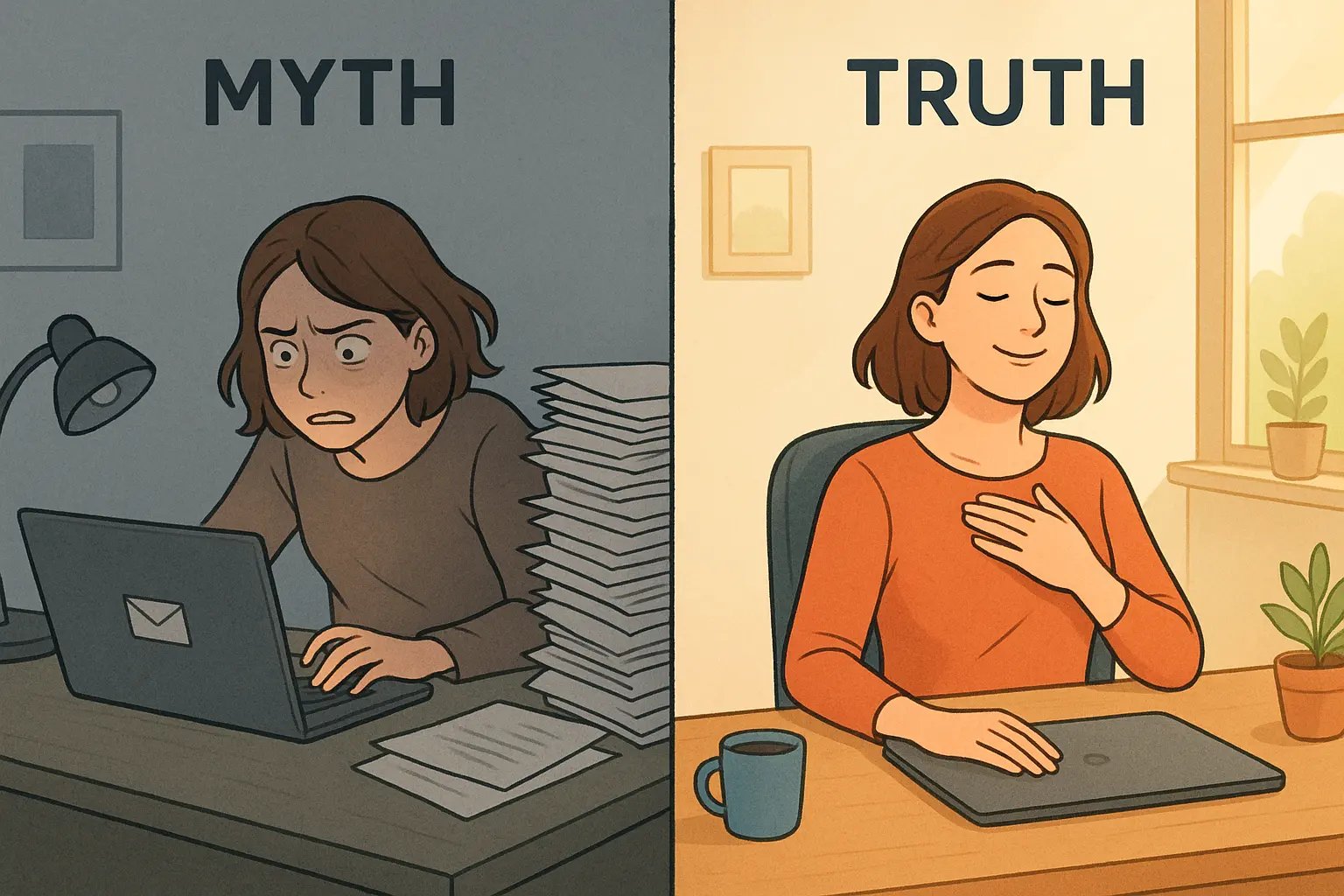 Side-by-side comparison showing a stressed woman rushing to her next task versus calmly pausing with pride after completing work