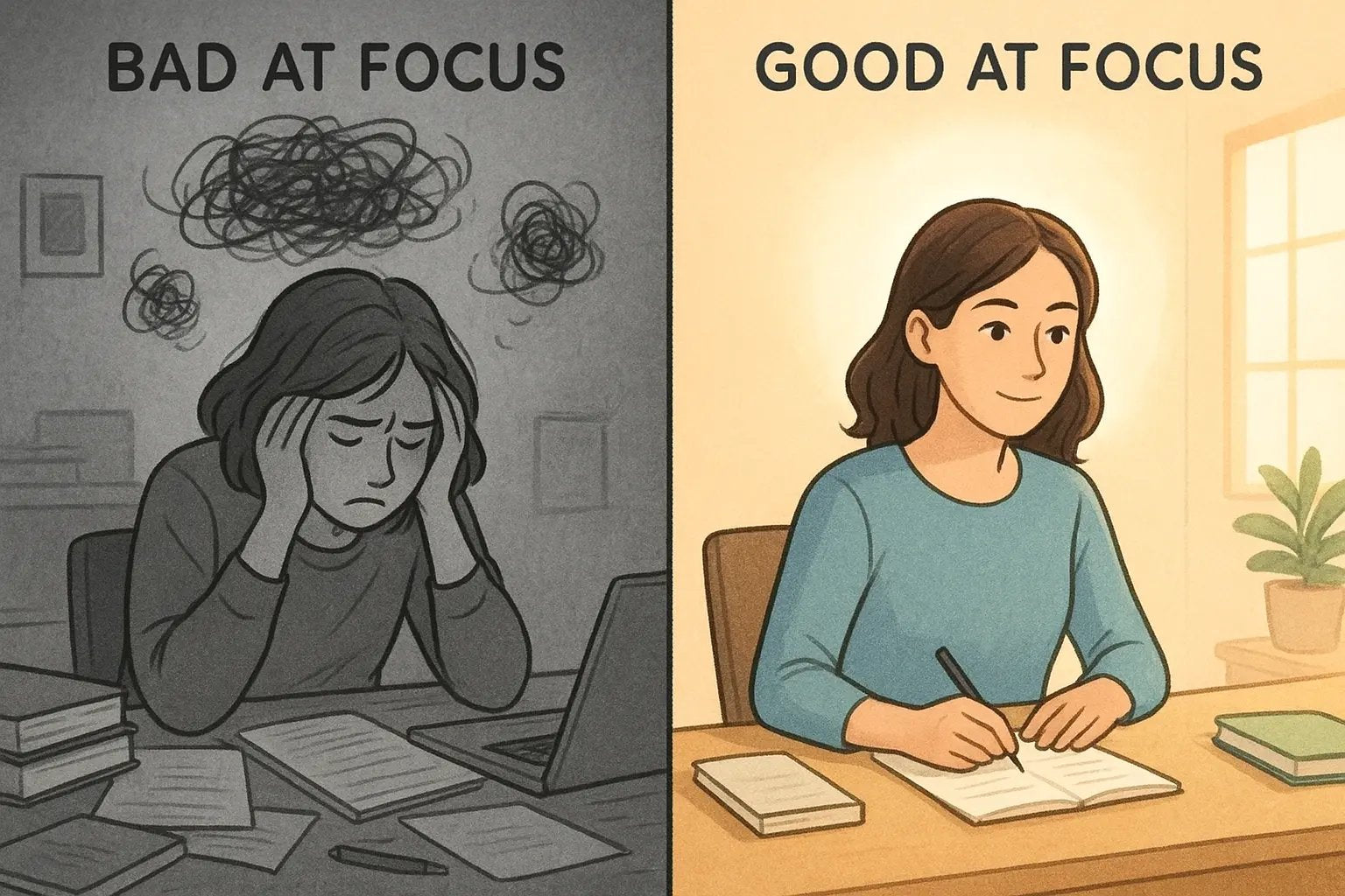 A woman transitions from stressed and overwhelmed to calm and focused, illustrating the power of positive self-talk on attention.