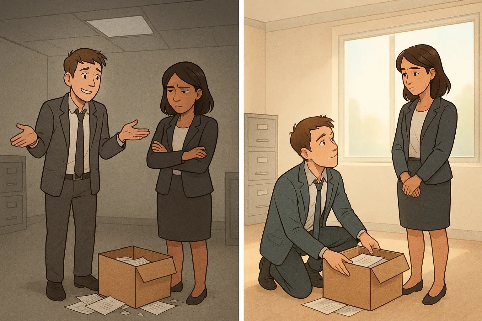 Two contrasting scenes showing a weak apology versus actively fixing a mistake to rebuild workplace trust