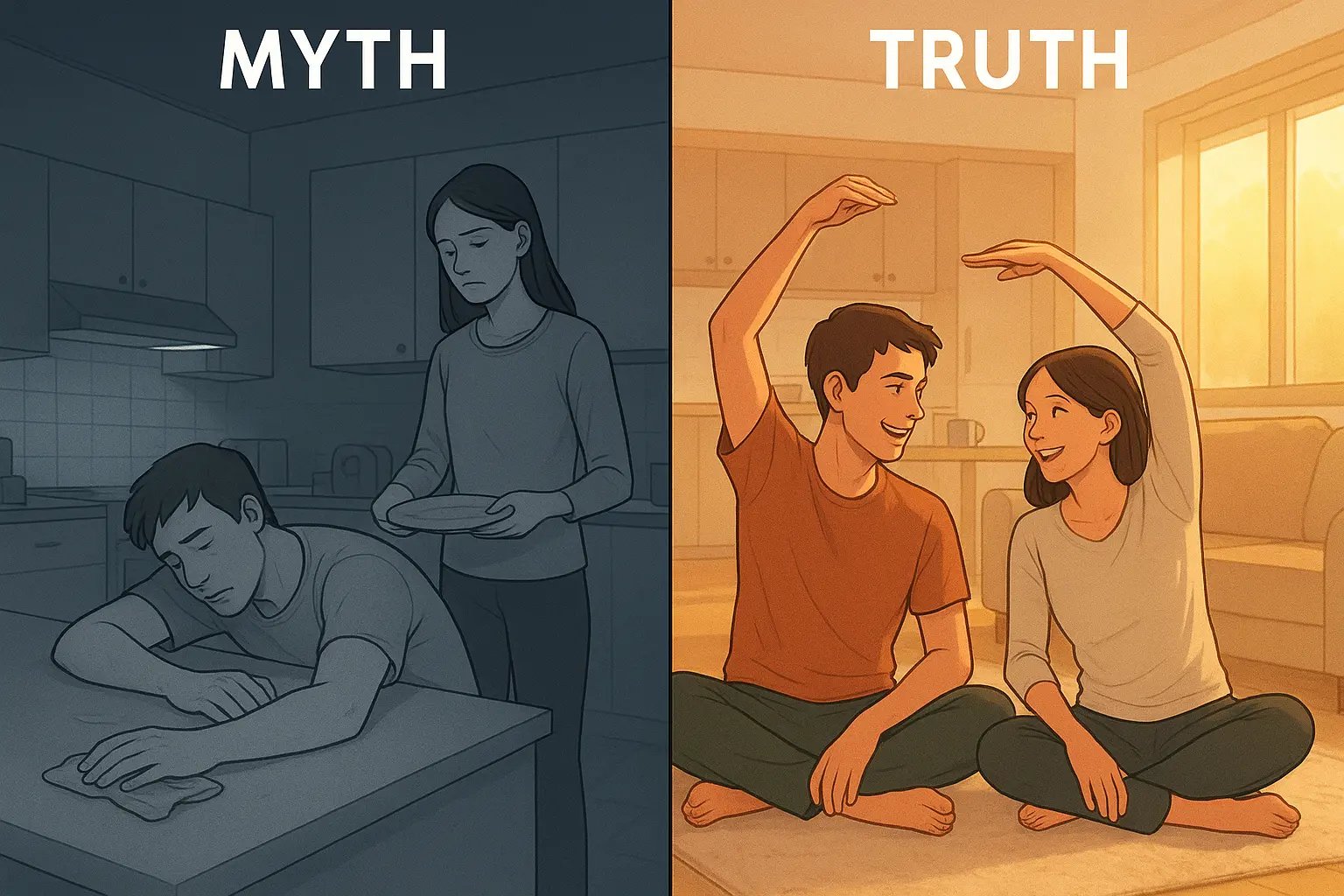 Couple happily stretching together in sunlit morning room, relaxed and connected, with slightly messy kitchen visible in background