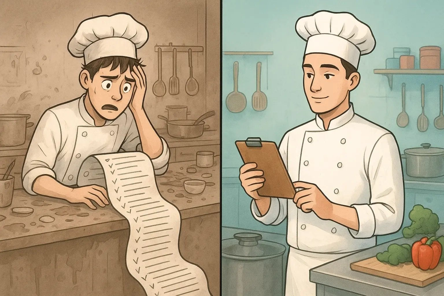 Chef comparing a long overwhelming checklist in chaos versus a short focused checklist in an organised kitchen