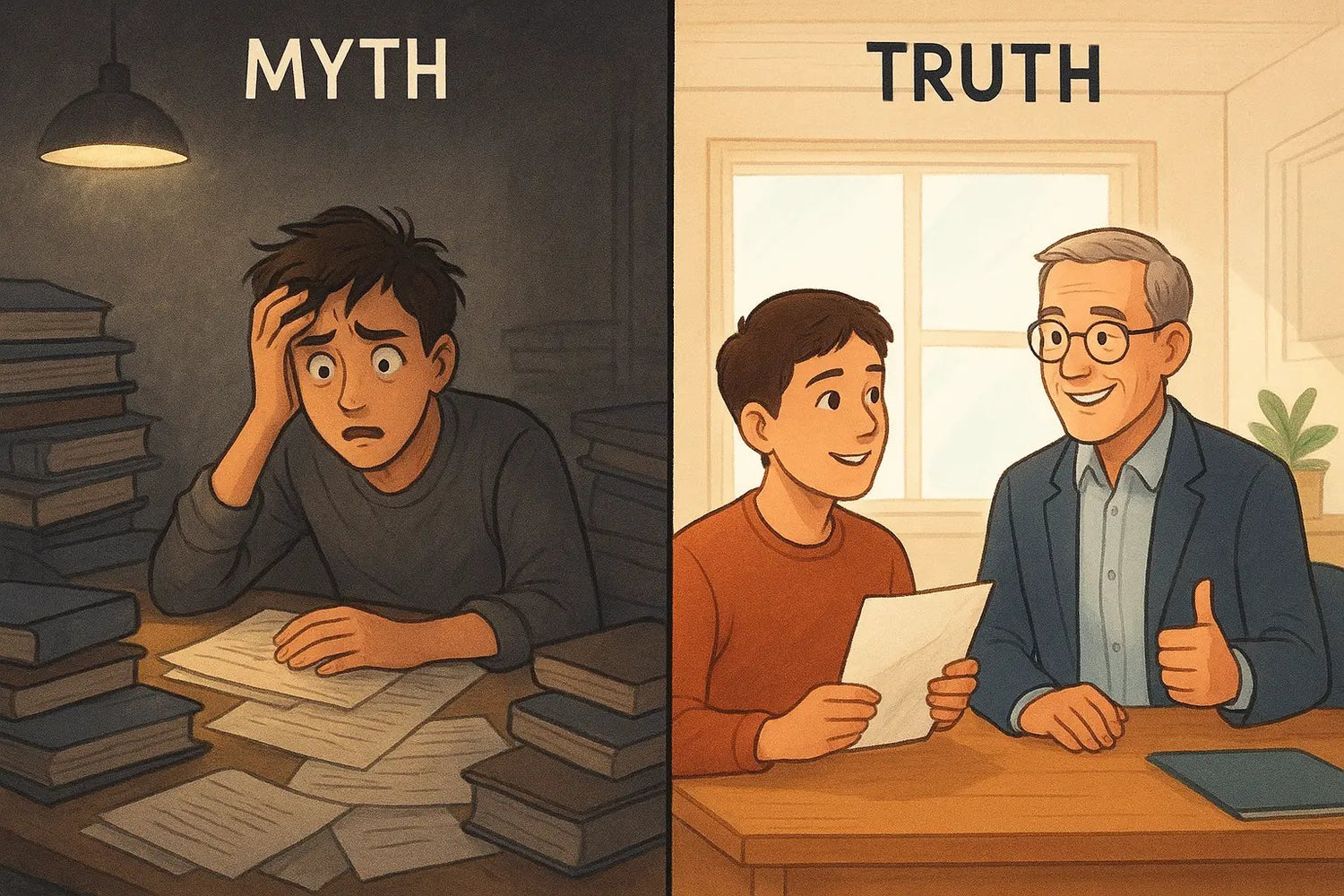 Side-by-side comparison showing a stressed student overwhelmed by research versus a confident student receiving thesis approval from a professor