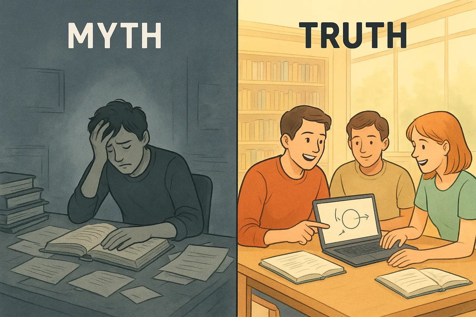 Contrast showing a stressed student alone at a cluttered desk versus the same student confidently explaining concepts to supportive peers in a bright study group.