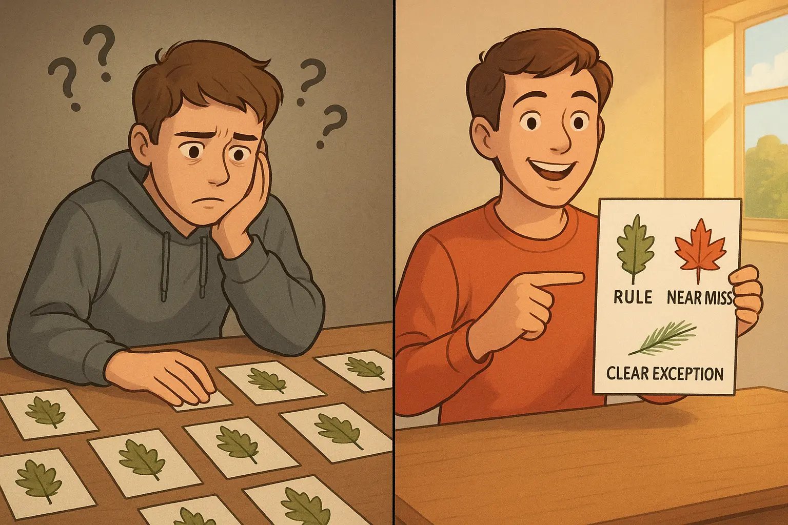 A confident student learning by comparing a perfect example, a near miss, and a clear exception on their desk in bright, optimistic lighting.