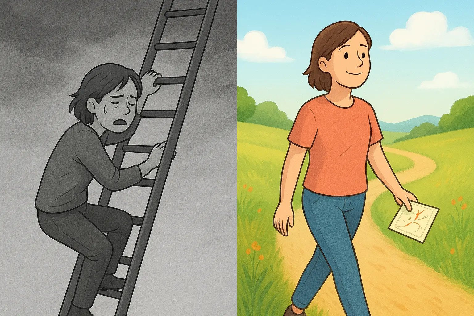 Side-by-side comparison showing a stressed person climbing a grey ladder versus the same person walking a colourful, winding path to success