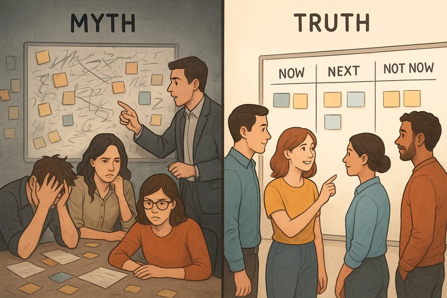 Team standing before organised board with Now, Next, and Not Now columns showing clear task prioritisation and workflow management