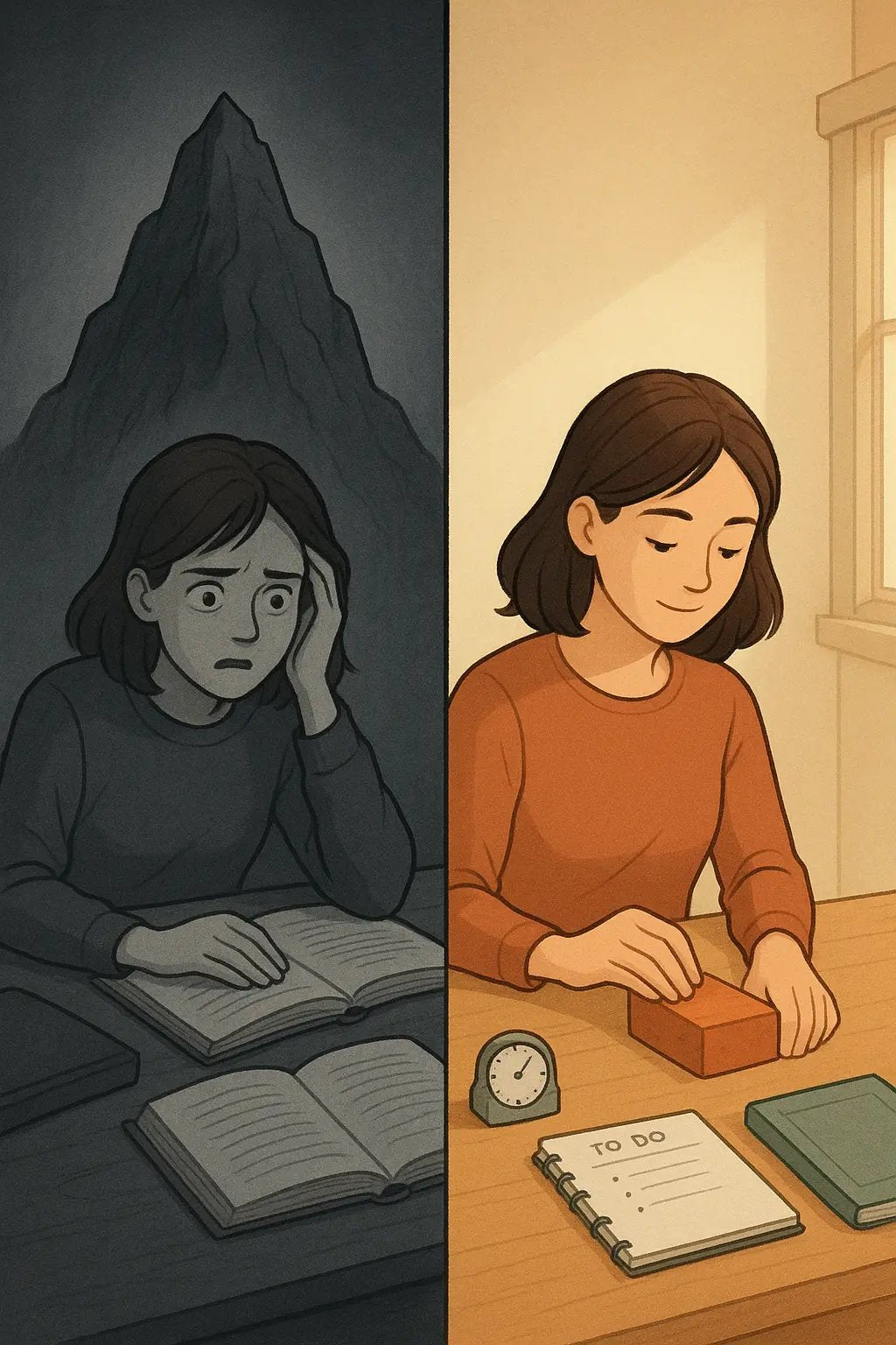 Side-by-side illustration showing a stressed student overwhelmed by an imaginary mountain versus the same student calmly working with a timer.