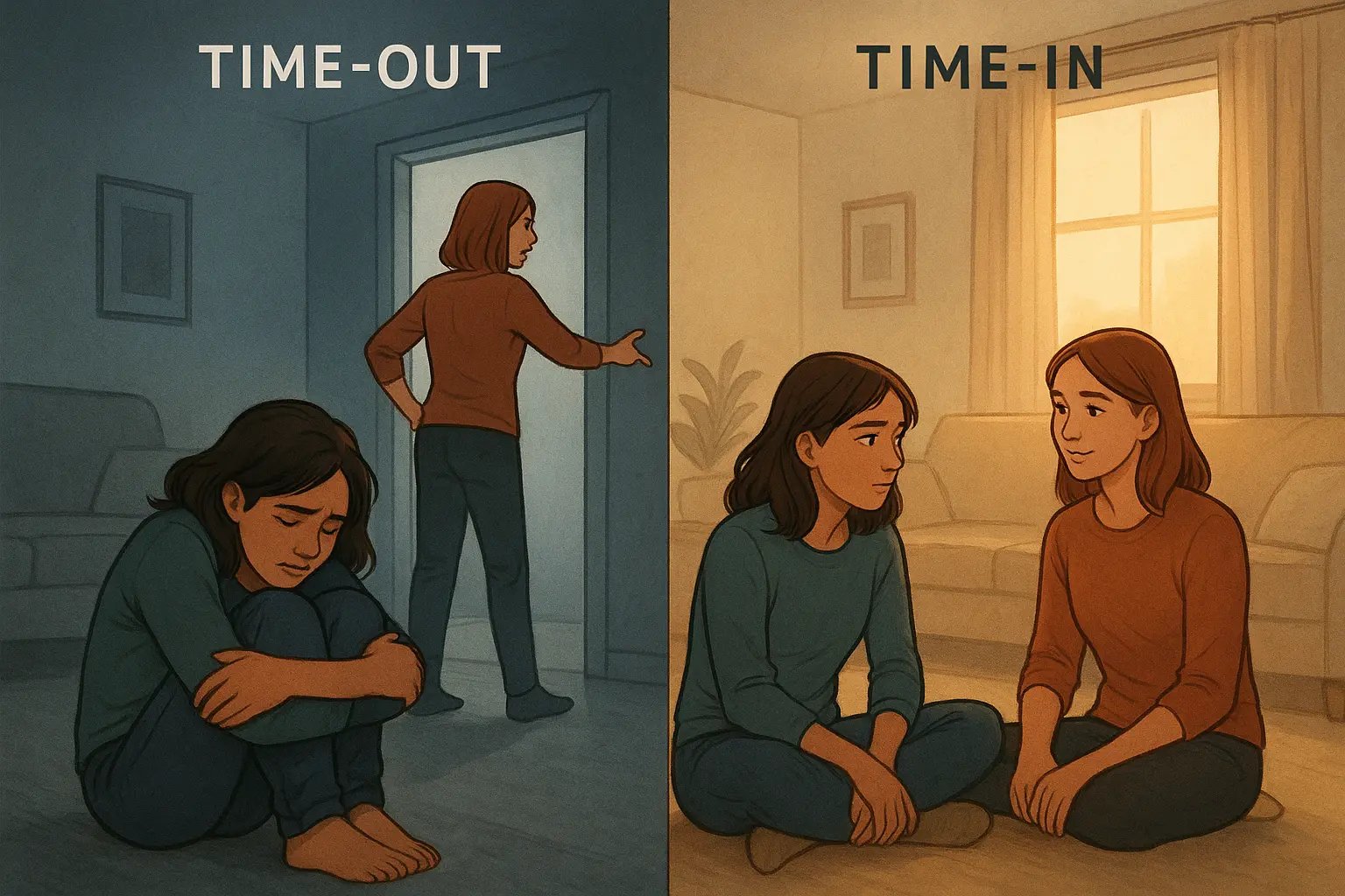 Two women in a living room: one isolated during time-out, then supported during time-in, showing connection healing emotional overwhelm.