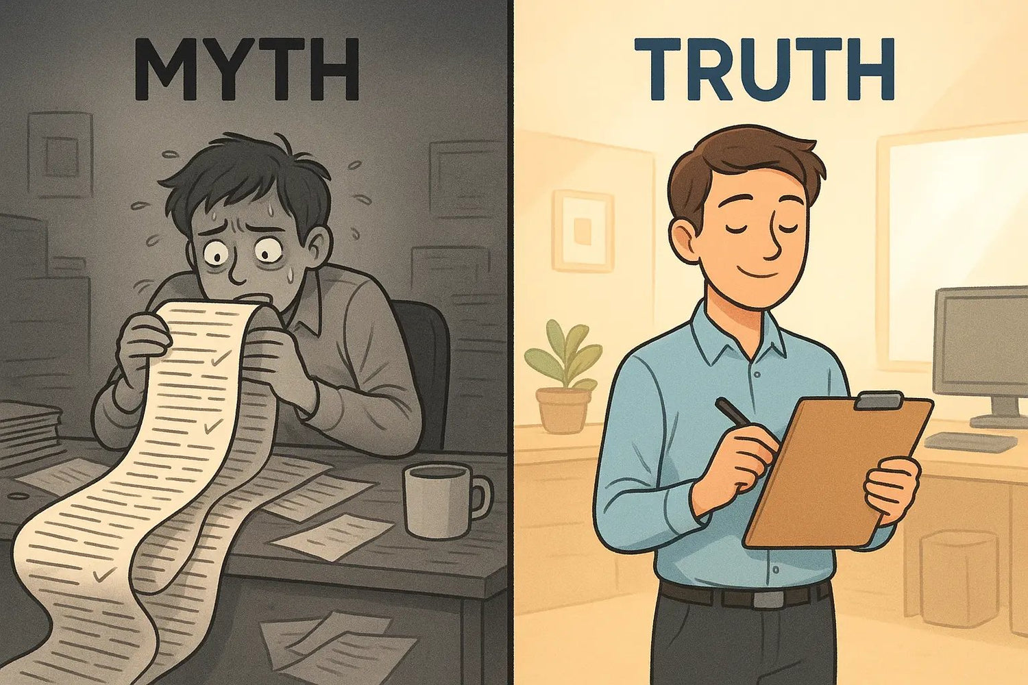 Split illustration showing stressed worker with overwhelming long checklist versus calm worker with simple two-minute checklist
