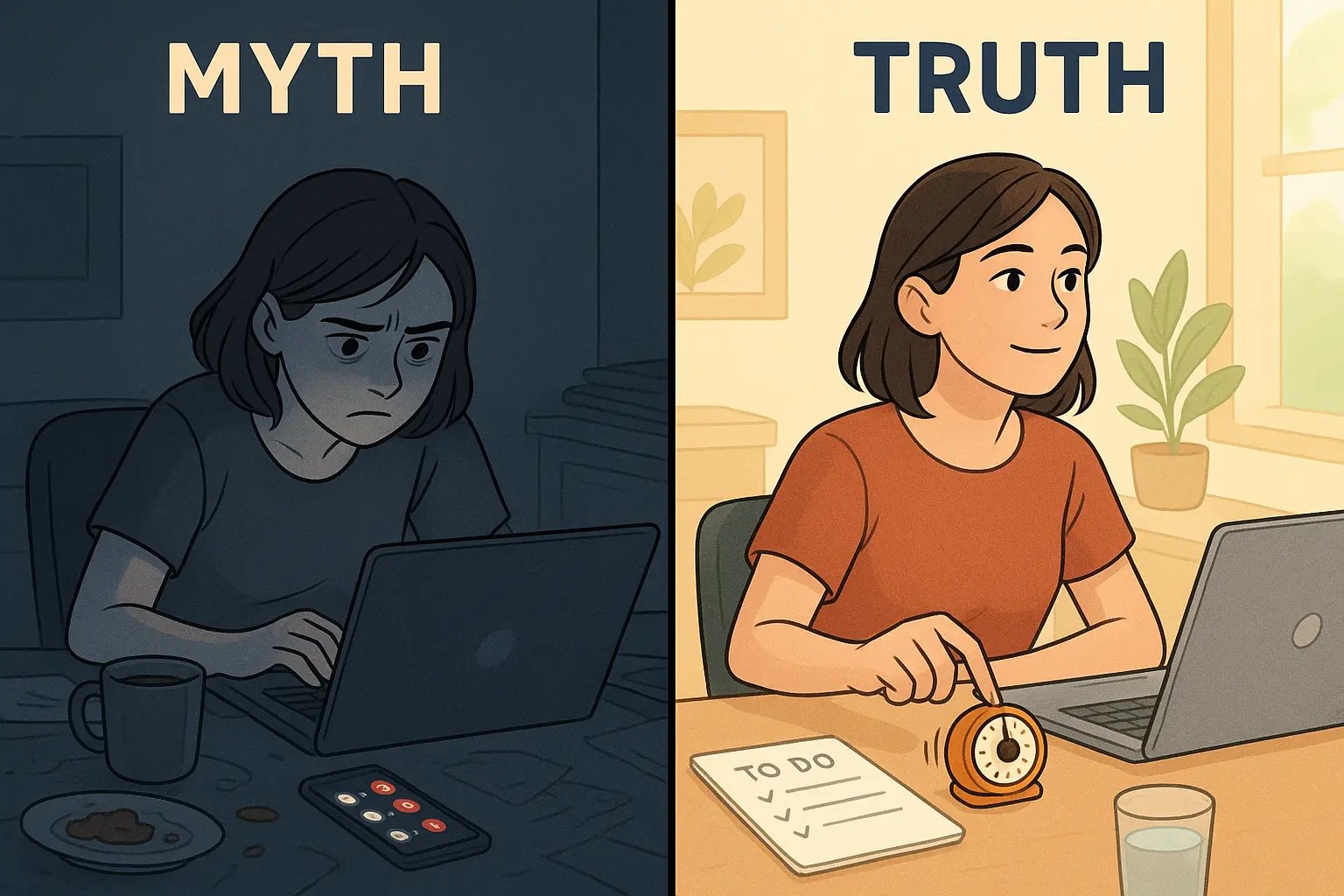 Split illustration showing chaotic uncontrolled focus versus calm organised focus with a timer