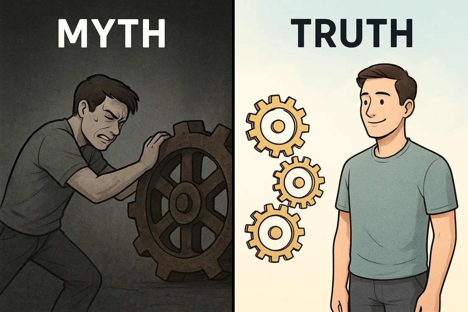 Split illustration showing a frustrated man pushing a massive rusty gear versus the same man relaxed, watching small gears turning smoothly on their own.