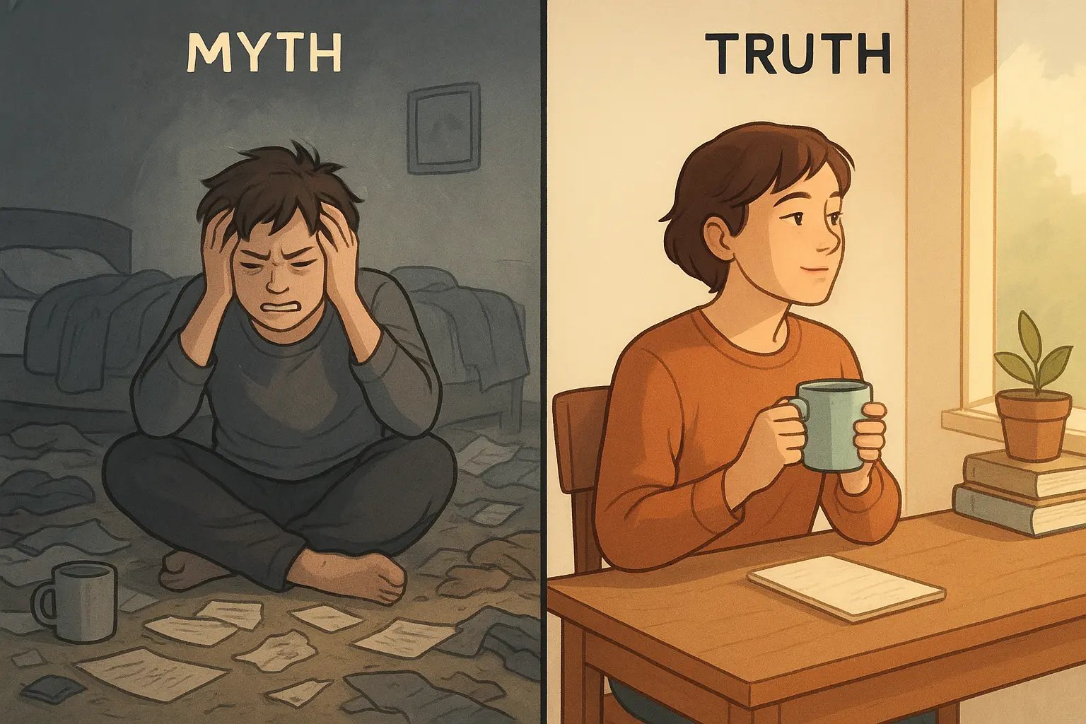 A diptych showing a neurodivergent adult overwhelmed in a messy room on the left, and the same person calm and content in a tidy, organised space on the right.