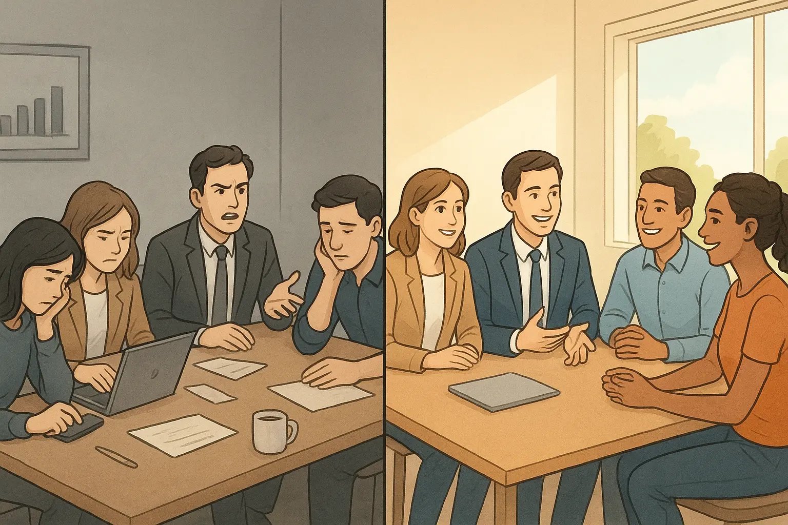 Two contrasting office meetings: one chaotic with devices, one focused and engaged without distractions, illustrating a positive workplace culture shift.