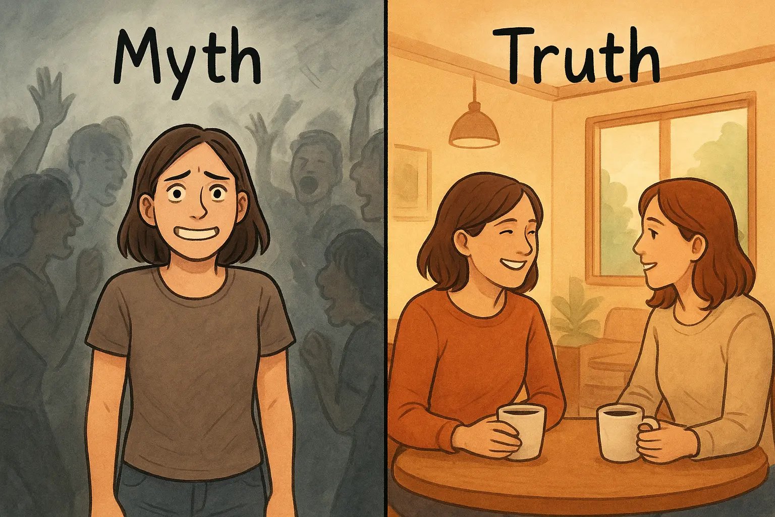 Woman enjoying calm conversation in quiet coffee shop versus feeling overwhelmed at loud party