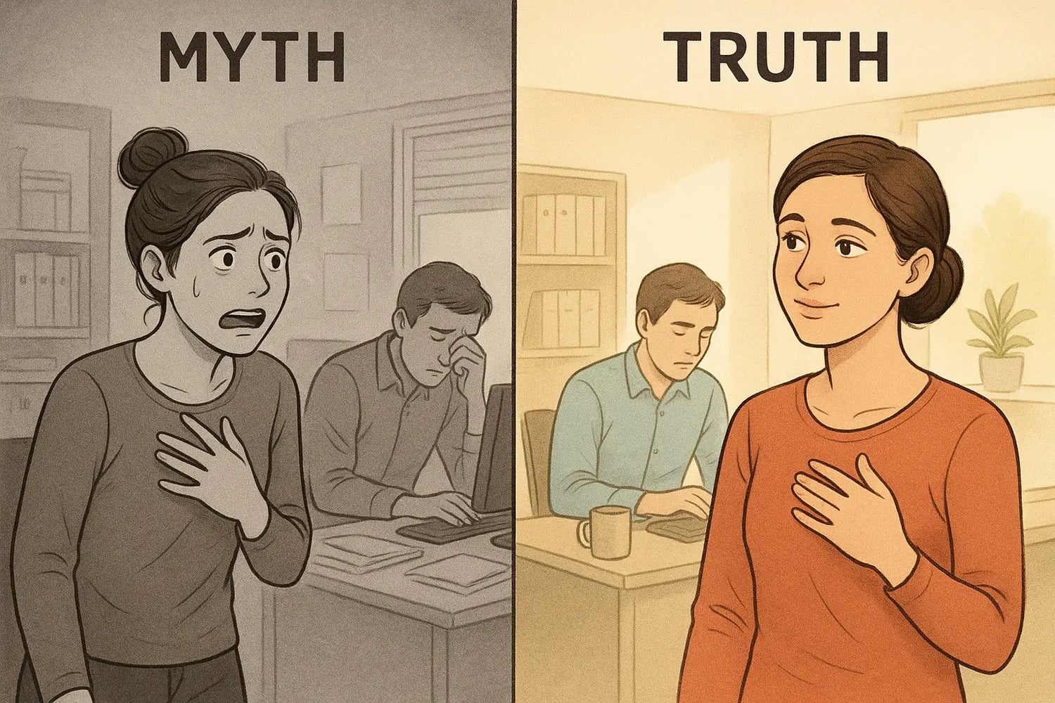 Split illustration showing anxious misinterpretation versus calm understanding of a tired colleague's expression in an office setting