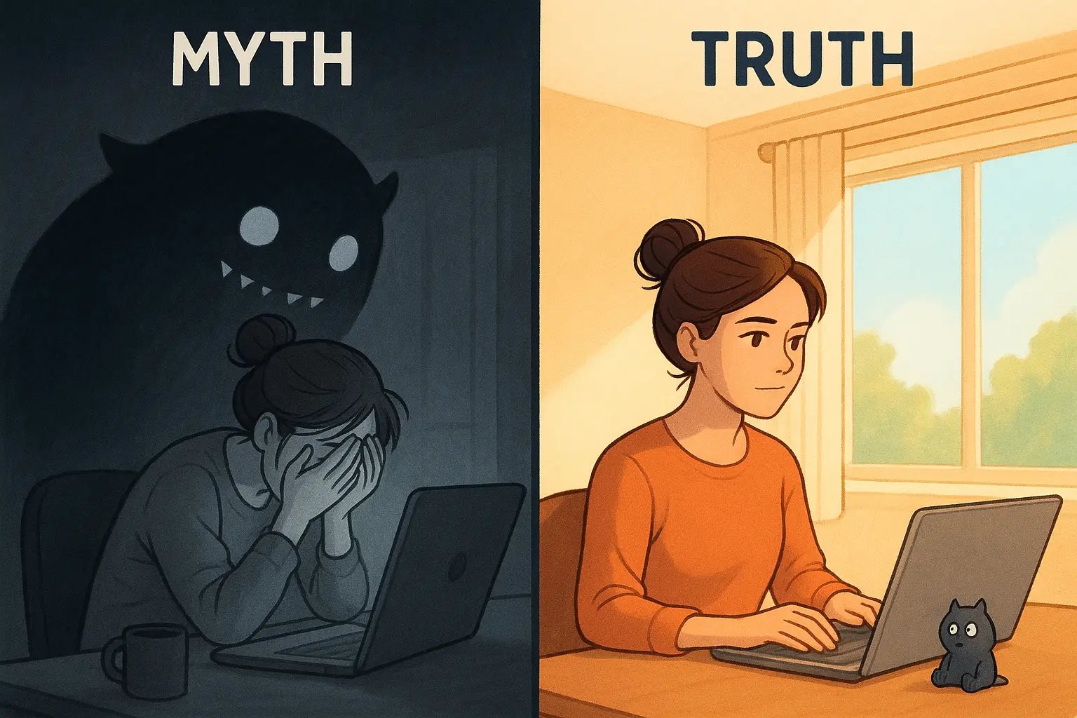 Split illustration showing transformation from overwhelmed woman with giant anxiety monster to calm woman with tiny, harmless monster at desk