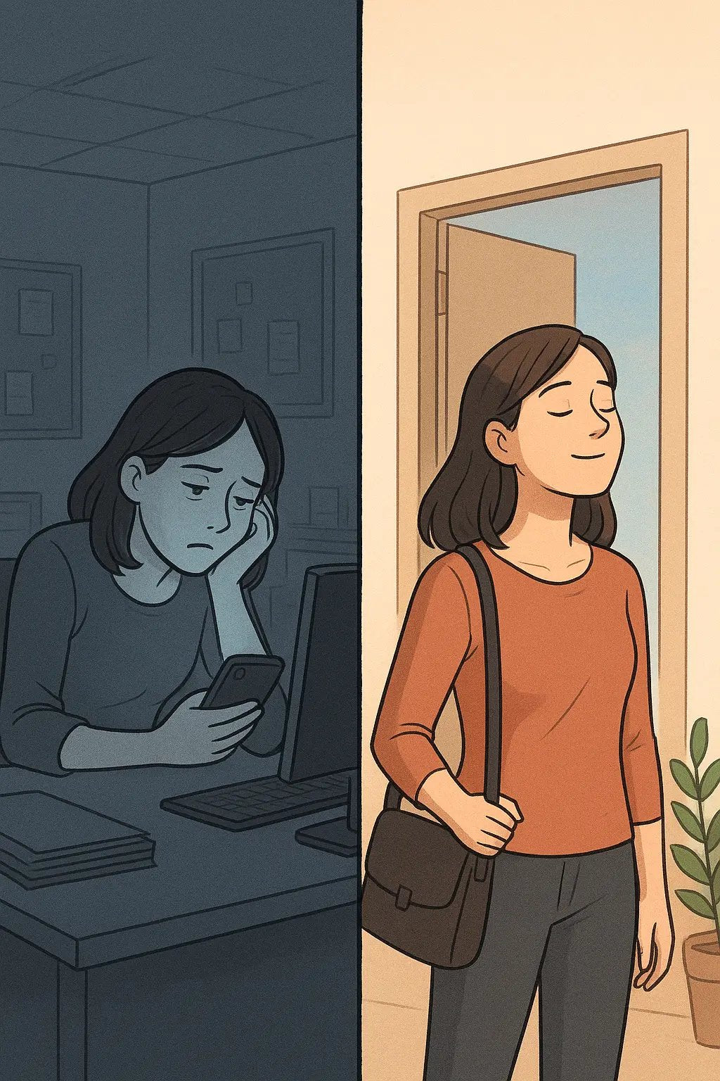 Woman refreshed outdoors versus drained whilst scrolling at desk, illustrating mindful break choices