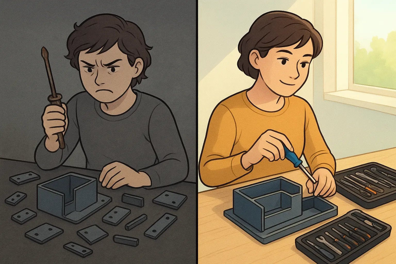 Side-by-side comparison showing a frustrated person with wrong tools versus the same person confidently using an organised toolkit for their task.