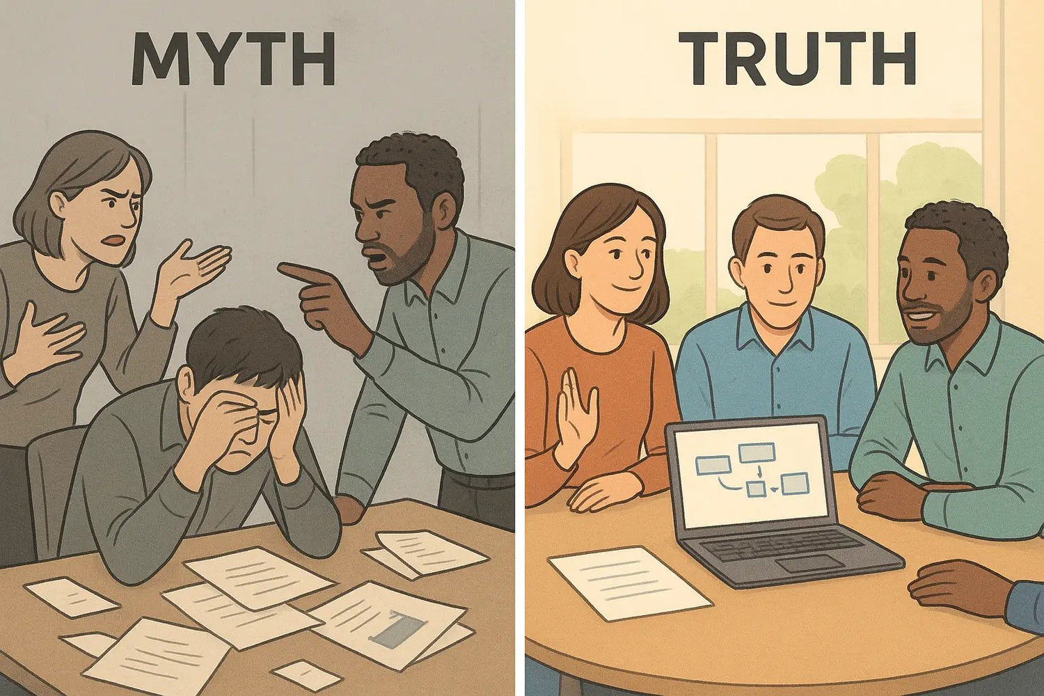 A split-screen illustration showing a chaotic meeting on the left transforming into a calm, focused team collaboration on the right after a brief pause to reset.