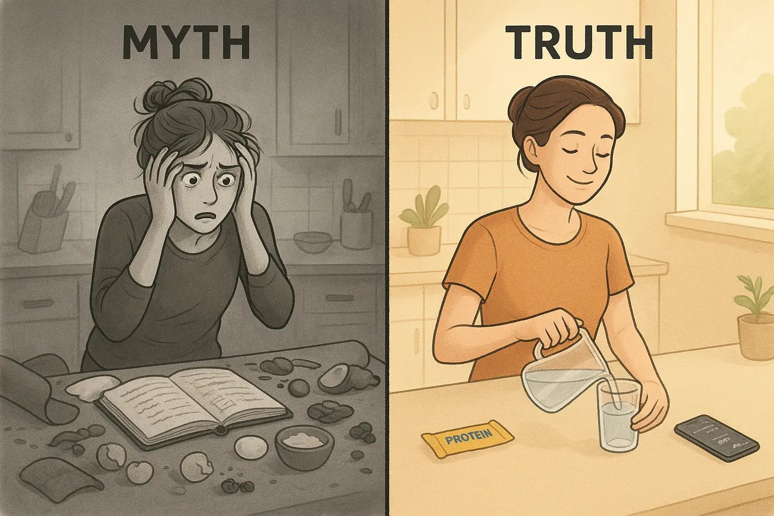 Side-by-side illustration showing a chaotic morning routine versus a calm, simple three-step morning routine with water, snack, and playlist.