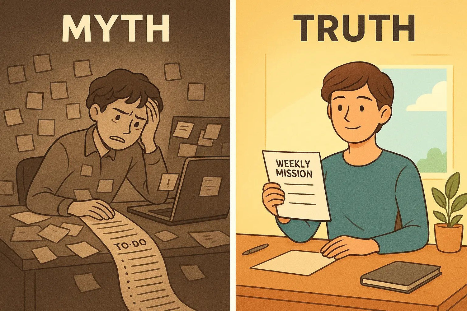 Side-by-side comparison showing a stressed person with chaotic to-do lists versus a calm person with one clear weekly mission