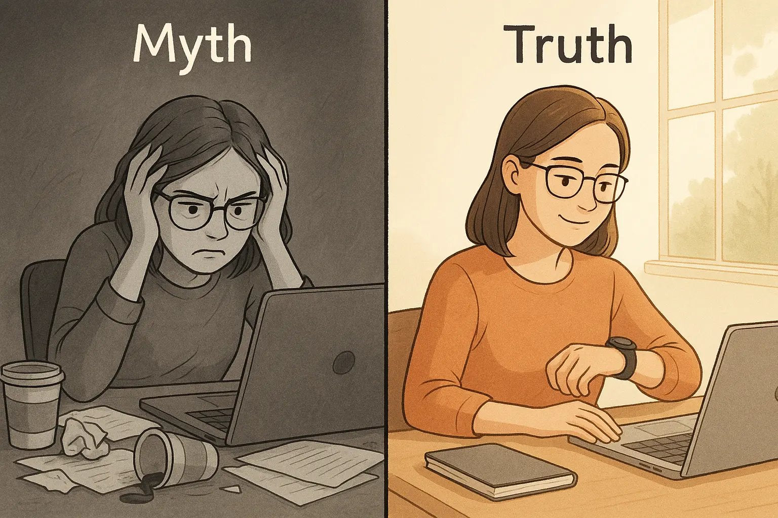 Split illustration showing a frustrated woman struggling to focus versus the same woman working calmly with a timer on her smartwatch