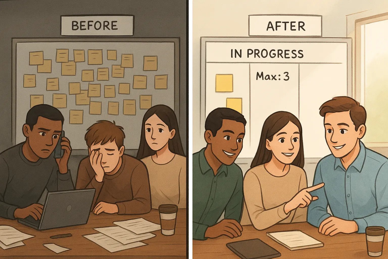 Split panel showing a team's transformation from chaotic, overwhelmed workflow with too many tasks to calm, focused productivity with a clear work limit.
