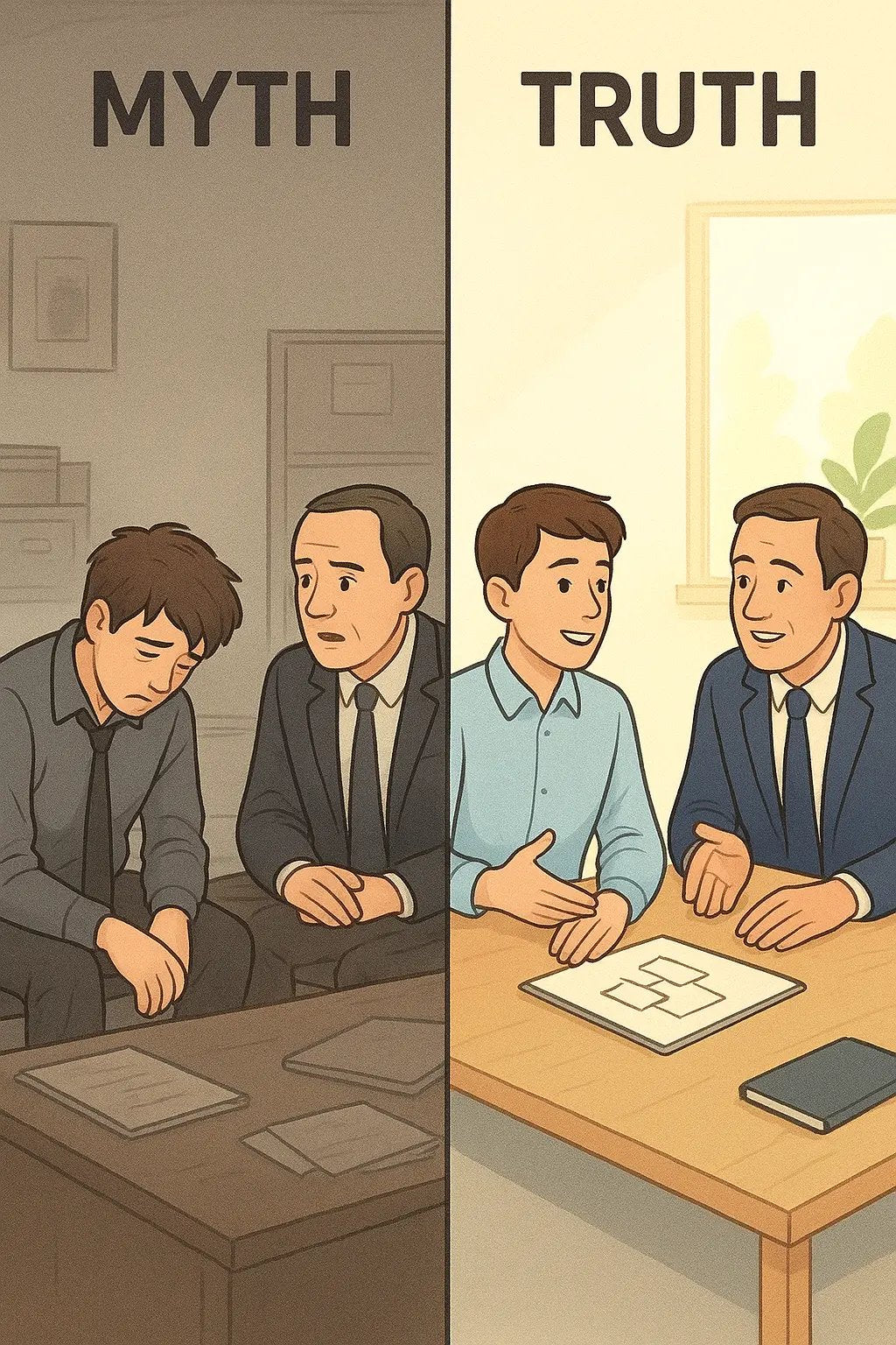 Side-by-side comparison showing anxious confession versus calm, professional workplace conversation about support needs