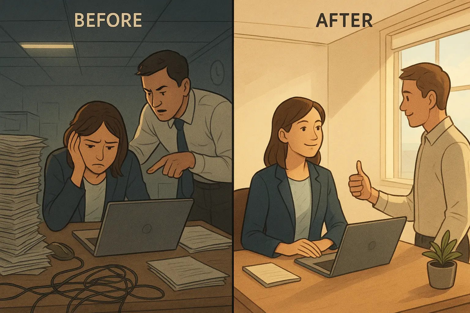 Split-panel office illustration showing a professional's transformation from overwhelmed at a cluttered desk to calm and organised in a bright, collaborative workspace.