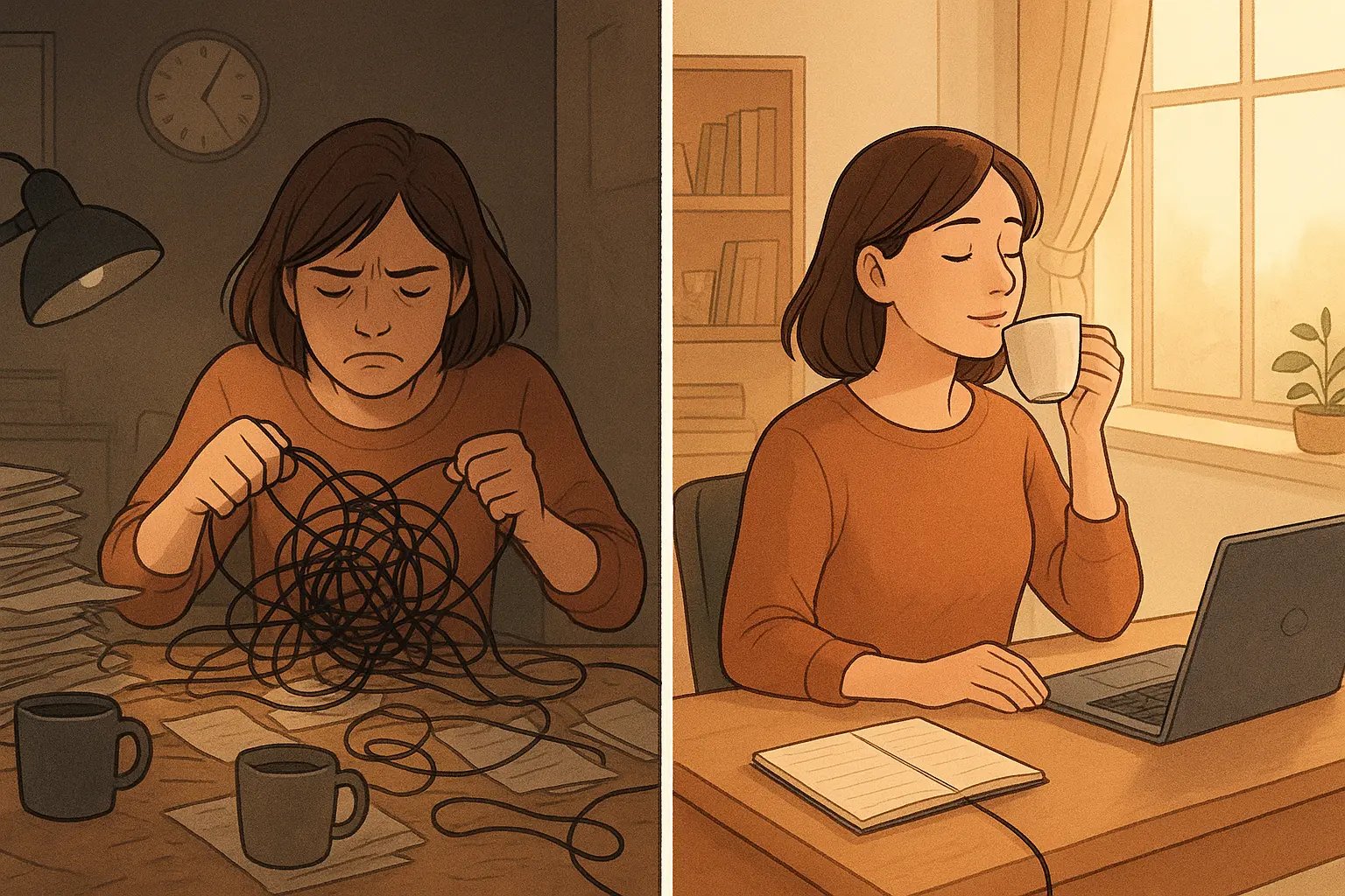 Split panel showing woman at cluttered chaotic desk transforming into organised calm workspace with clear focus