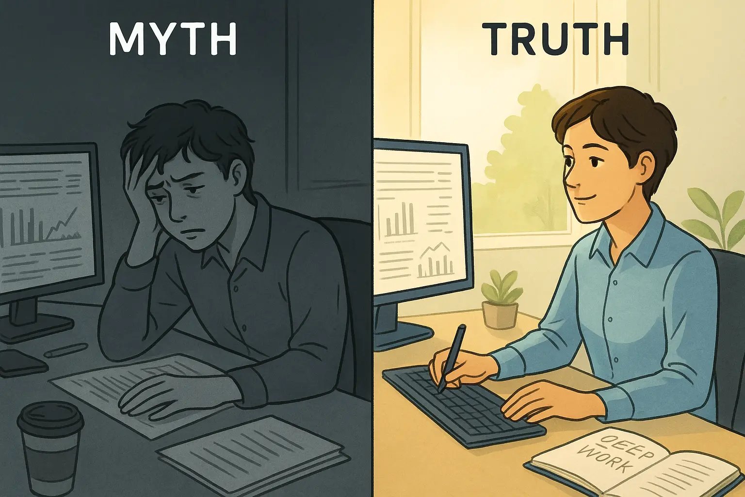 Split image showing stressed worker during energy slump versus focused person working during morning peak with planner visible