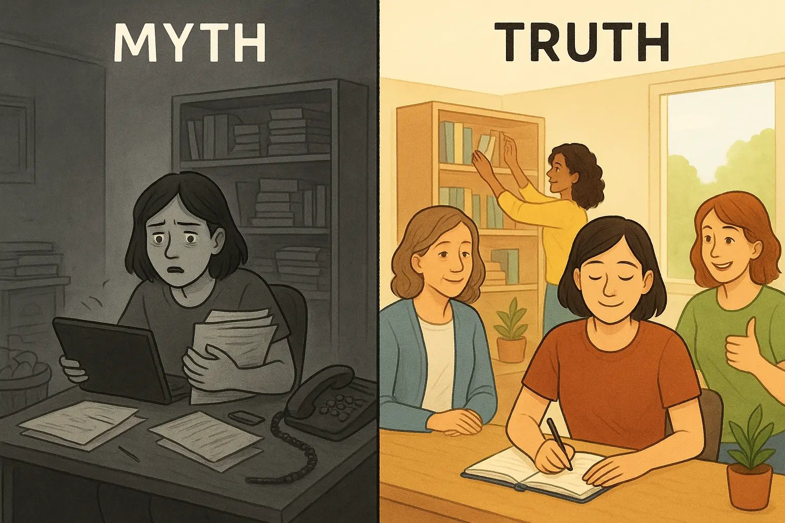 Side-by-side illustration showing a stressed woman alone versus the same woman calmly supported by therapist, organiser, and friend