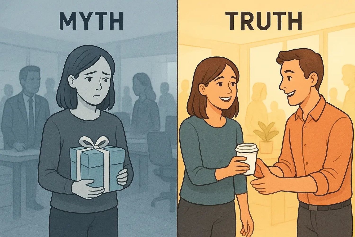 Side-by-side illustration showing a woman awkwardly isolated in a cold office versus warmly sharing coffee with a smiling colleague, demonstrating connection myths and truths.
