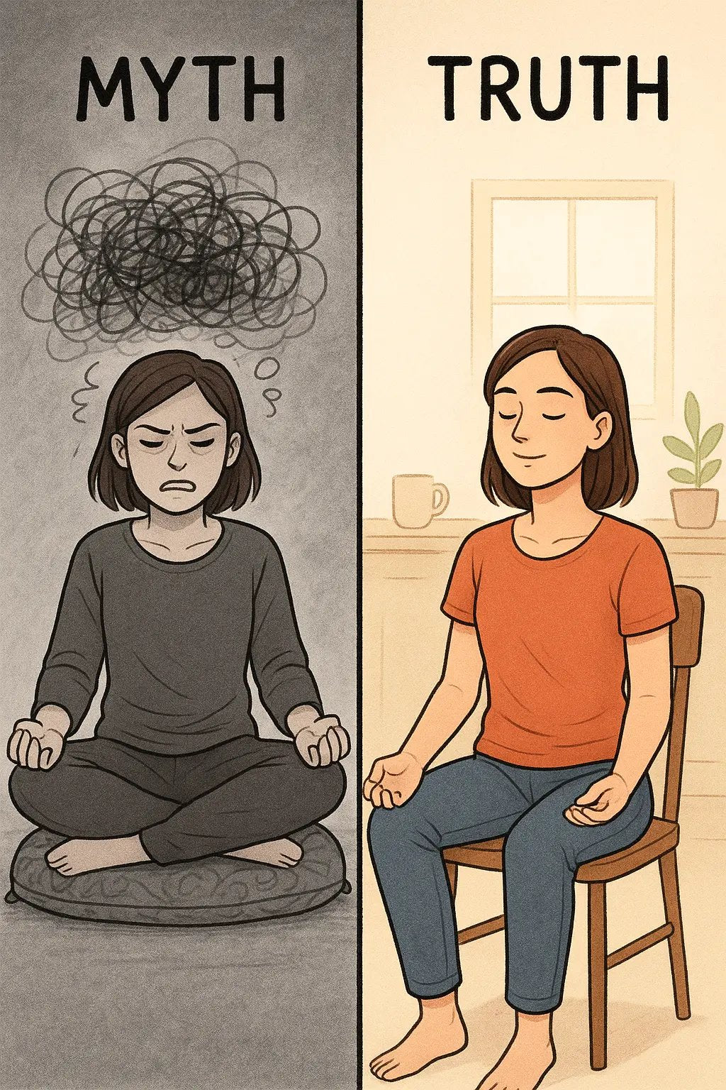 Side-by-side comparison showing a woman struggling with perfect meditation versus calmly doing simple 60-second breathing in a normal chair