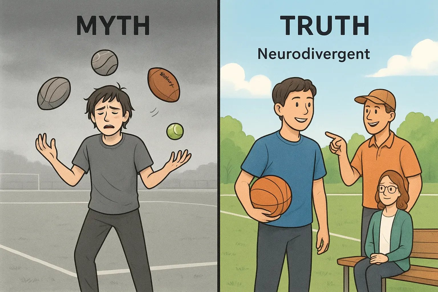 Side-by-side illustration showing a person alone and overwhelmed versus supported by a team, representing the myth and truth of seeking help